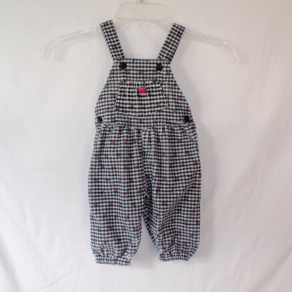 Vintage Liberty Made in USA Checks Roses Girls Overalls Bibs Sz 12m Black Pink